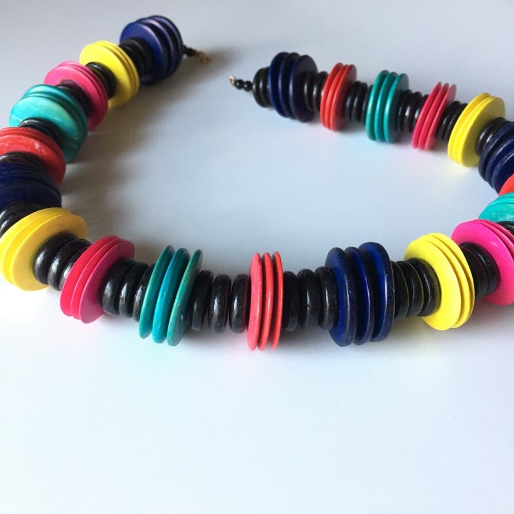 Colorful teal red magenta yellow black wooden bead necklace - Picture 4 of 10